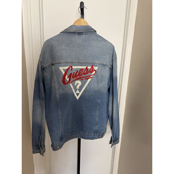 Vintage GUESS Denim Trucker Jacket Men’s Large Embroidered Logo Back - Picture 1 of 10